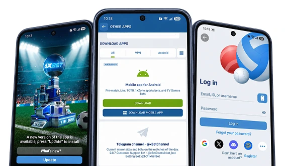 1xBet mobile app download, update and login screens