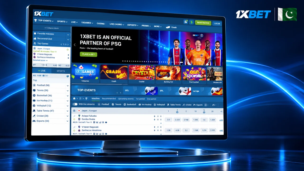 1xBet desktop interface displayed on a monitor