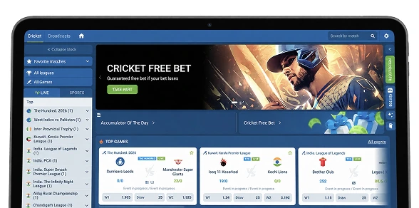 1xBet cricket betting interface on a tablet |