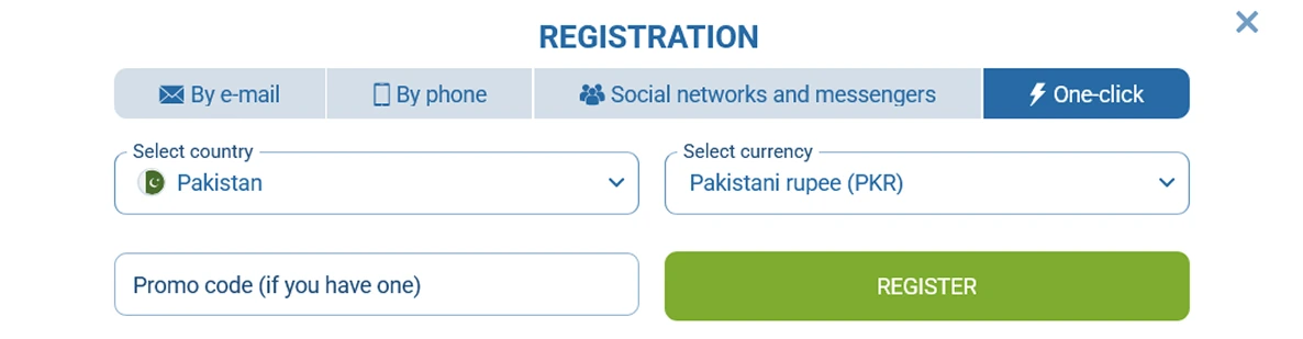 1xBet account registration form