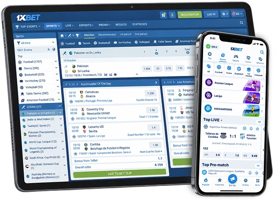 1xBet sports betting interface on a tablet and smartphone