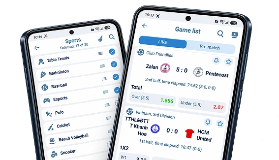 1xBet sports selection and live betting screens